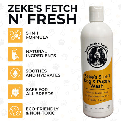 Zeke's 5-in-1 Dog and Puppy Wash - Natural Shampoo and Conditioner for All Ages, Moisturizes Sensitive Skin, Soothes Itchy Coats, Sulfate-Free, Plant-Based Formula, Eco-Friendly